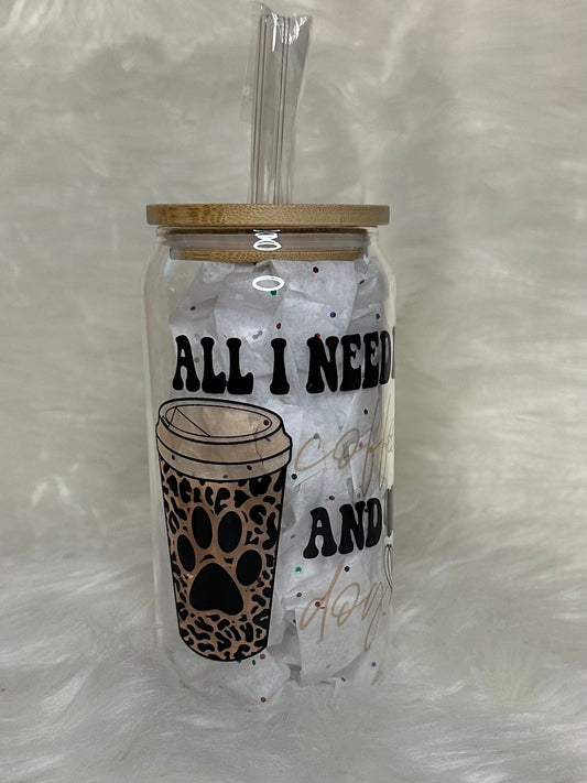 15oz Glass Sublimation Tumbler - Coffee & Dogs